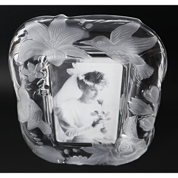 Vintage Crystal Picture Frame Clear Frosted Glass Birds Flowers Tall - Picture 2 of 6